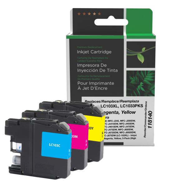 REMANUFACTURED BROTHER HIGH YIELD CYAN, MAGENTA, YELLOW INK CARTRIDGES  - LC1033PKS, LC103XL